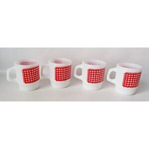 Vintage Fire King Milk Glass Mugs Red Gingham Stacking Milk Glass Fire King